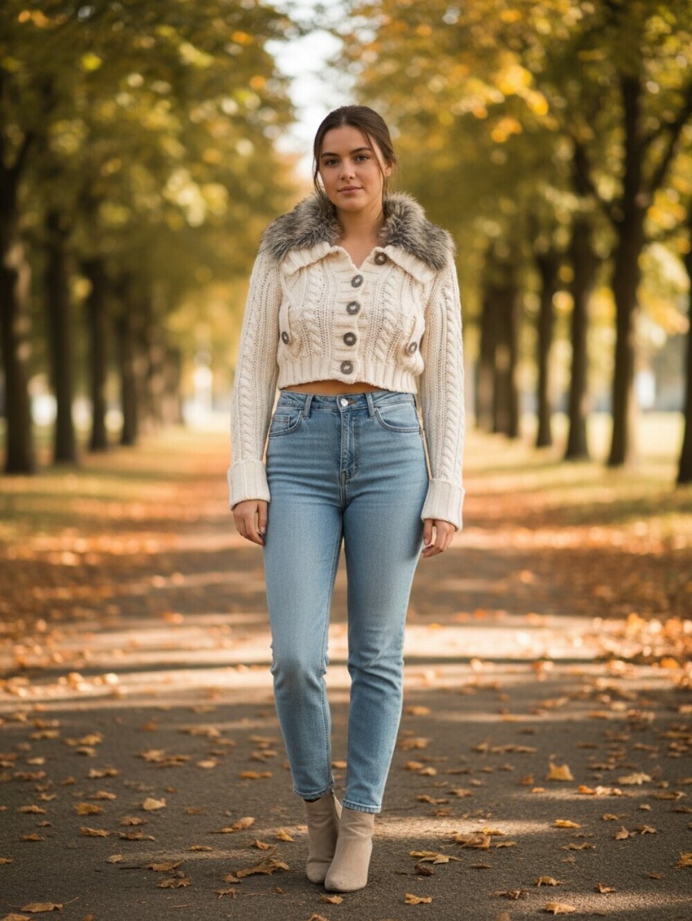 Le Chateau Wool Blend Cropped Cream Sweater with Wide Faux Fur Collar Size XS